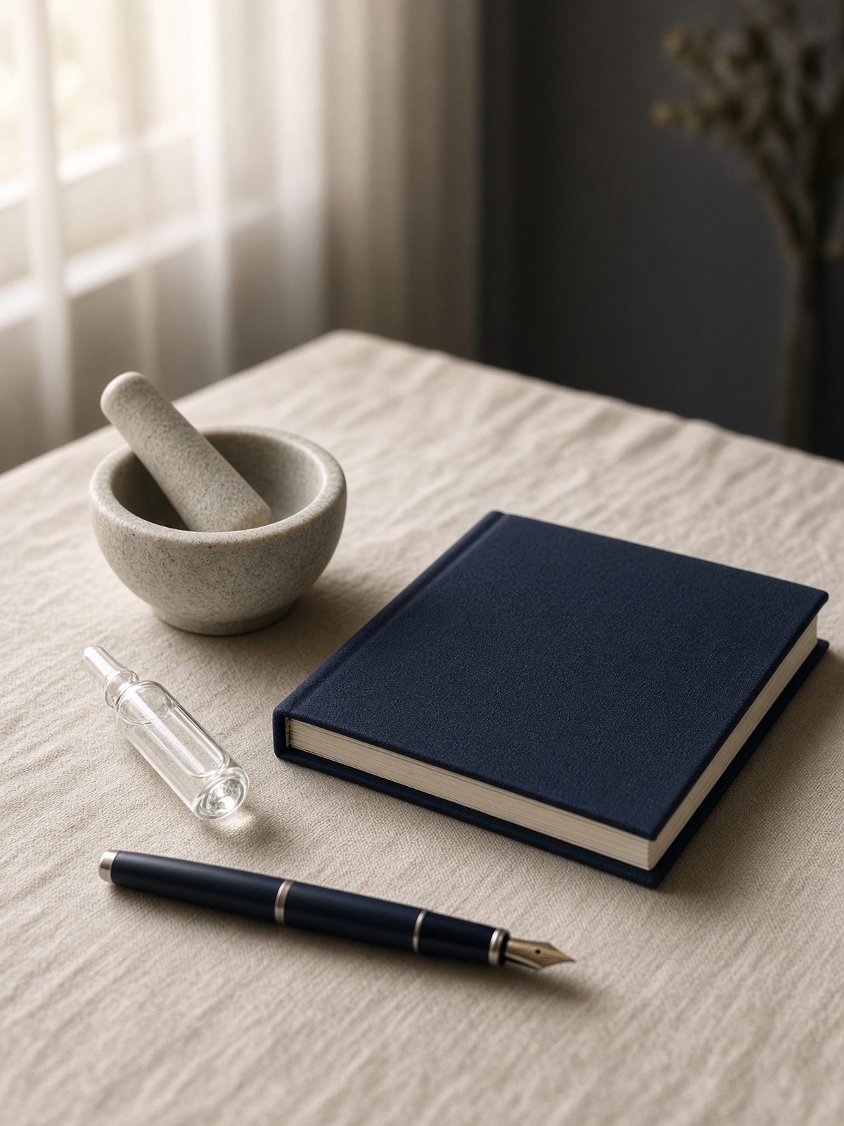 Clinical desk still life with a protocol binder, glass ampoule, and fountain pen