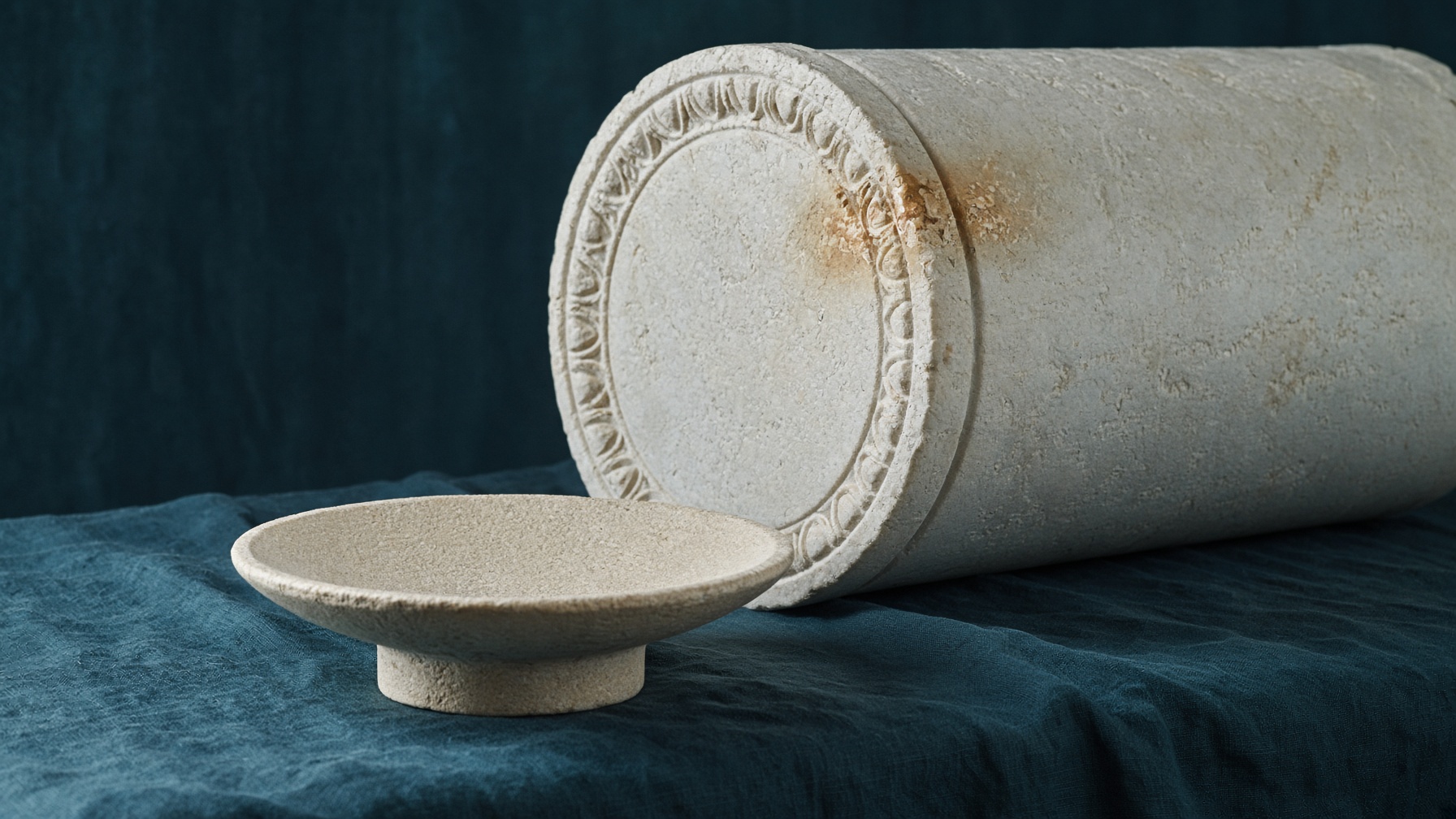 Marble architectural fragment and a shallow Greek kylix on dark teal linen