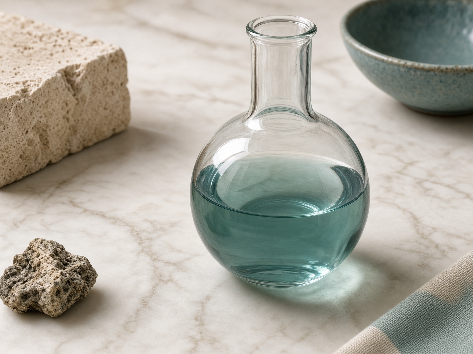 Laboratory glassware on pale marble with teal-tinted water
